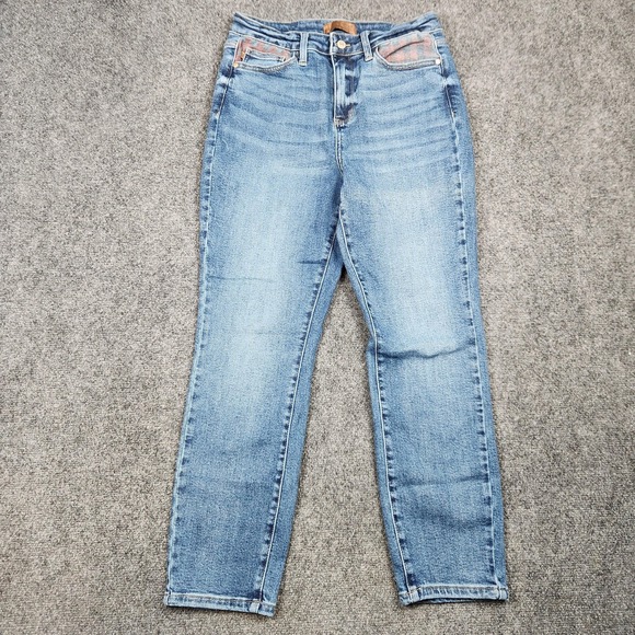 Judy Blue Denim - Judy Blue‎ Jeans Womens 9 29 Medium Wash Straight Plaid Patch Denim